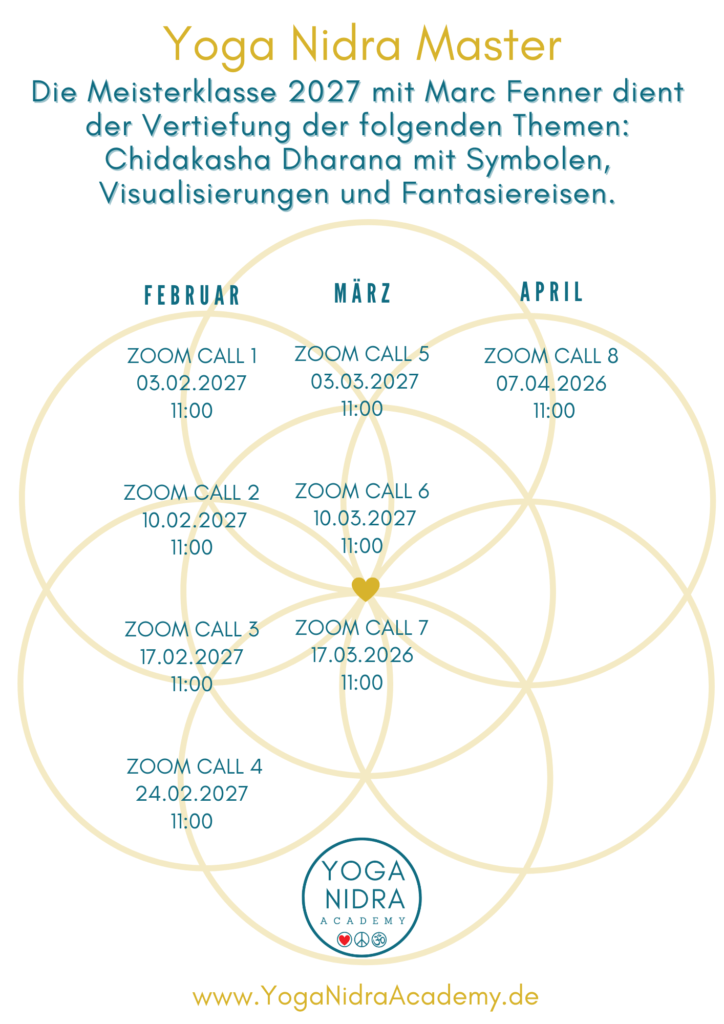 Die Yoga Nidra Meisterklasse 2027 mit Marc Fenner dient der Vertiefung der folgenden Themen: Chidakasha Dharana mit Symbolen, Visualisierungen und Fantasiereisen.