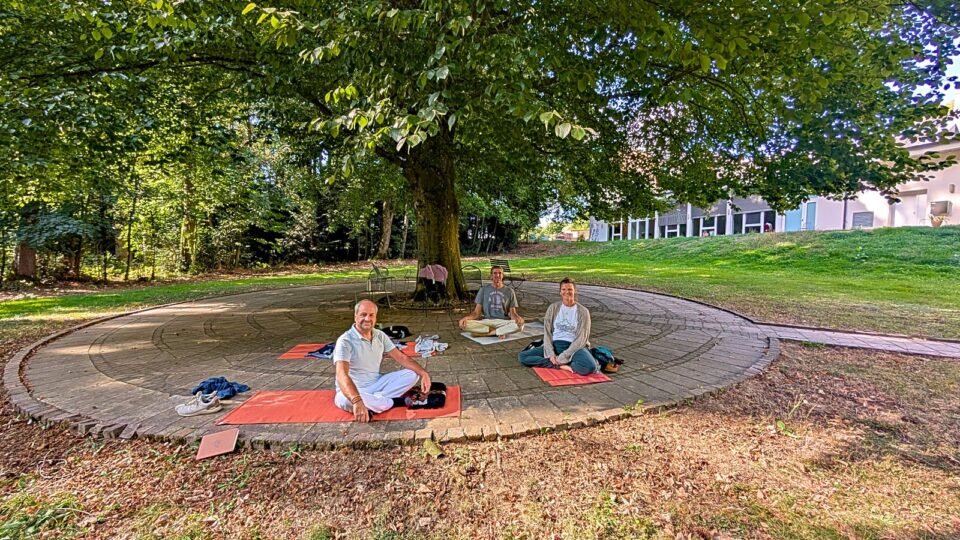 Drei Teilnehmende sitzen im Freien auf Yogamatten unter einem großen Baum.